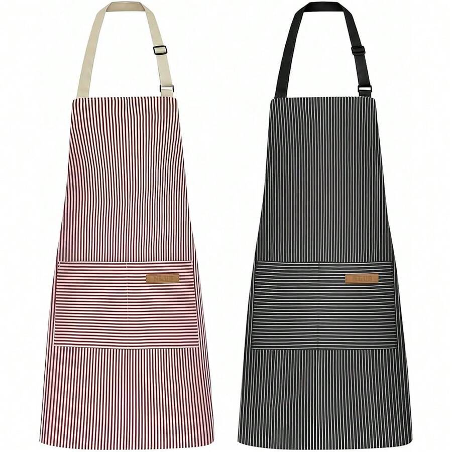 NLUS 2 Pack Kitchen CooFKing Aprons, Adjustable Bib Soft Chef Apron With 2 Pockets For Men Women (Black Pinstripes/Pink Pinstripes),Pink/Black - 粉紅色/黑色 - 查看 1