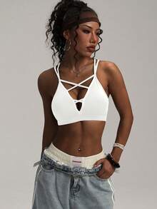 女士黑色无钢圈交叉针织运动文胸 - 白色 - 查看 3