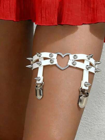 White PU Leather Elastic Garter Belt Leg Thigh Ring Suspender Stockings Belt Leg Chain Harness Rivet Heart Clothing Accessories