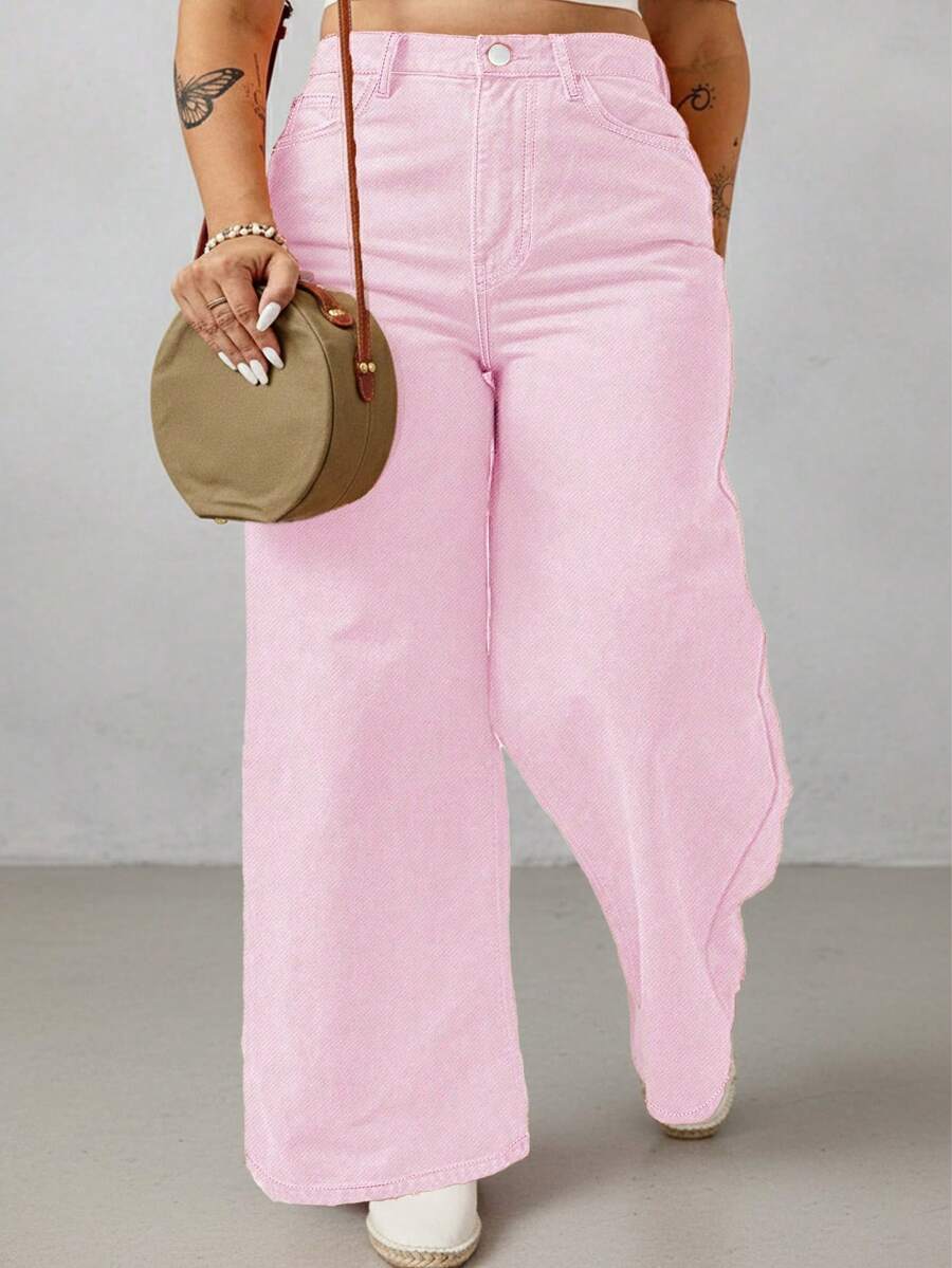 Calças pantalonas femininas plus size estilo streetwear, ideais para o dia a dia e para a volta às aulas, primavera/verão. - Baby Rosa - Ver 1