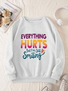 Women's Plus Size Spring/Autumn/Winter Letter Print Casual Simple Loose Comfortable Street Style Thermal Lined Everyday Round Neck Long Sleeve Plus Size Sweatshirt Tops - White - View 2