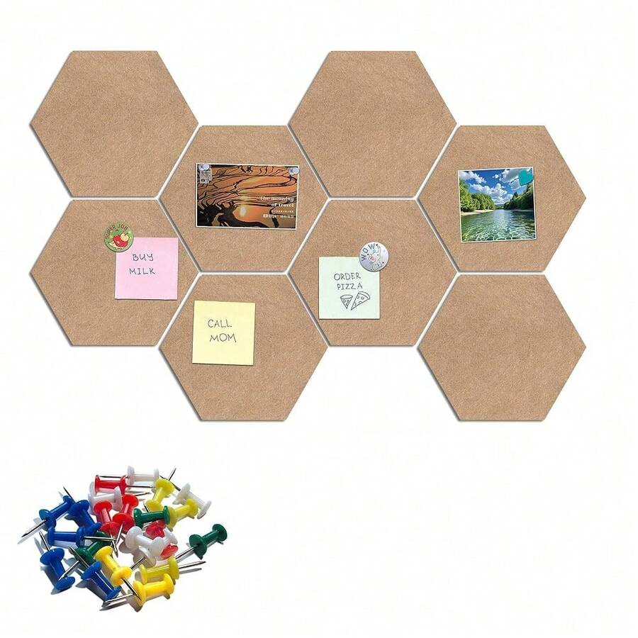 Hexagon Felt Bulletin Board Tiles, 8 Pcs, 8.7 X 7.5 Inches, With 20 Pushpins, For Easy Display Of Photos Pictures Memos Notices, Felt Wall Tiles For Office Home Classroom (Camel),Camel - 駝色 - 查看 1