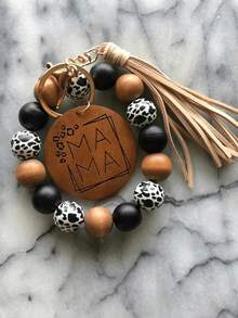 Boho Wooden Letter Detail Round & Rabbit Charm Beaded Bracelet Women Mother's Day - 咖啡 - 查看 2