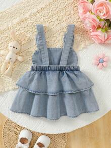 1pc Baby Girl Casual Cute Rabbit Embroidery Denim Bib Dress, Light Blue, Spring/Summer/Autumn - Blue - View 7