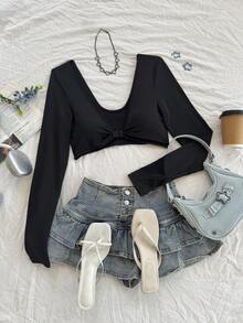 Women Minimalist Solid Color Sexy Extra Short Long Sleeve Blouse - Black - View 2