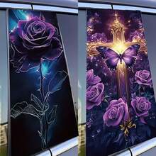 2张星空与紫色玫瑰图案的乙烯基汽车贴纸，以及创意B柱保护膜，优雅的紫色玫瑰和蝴蝶汽车贴纸，适用于汽车、墙壁、窗户玻璃等。 - 一對 - 查看 1