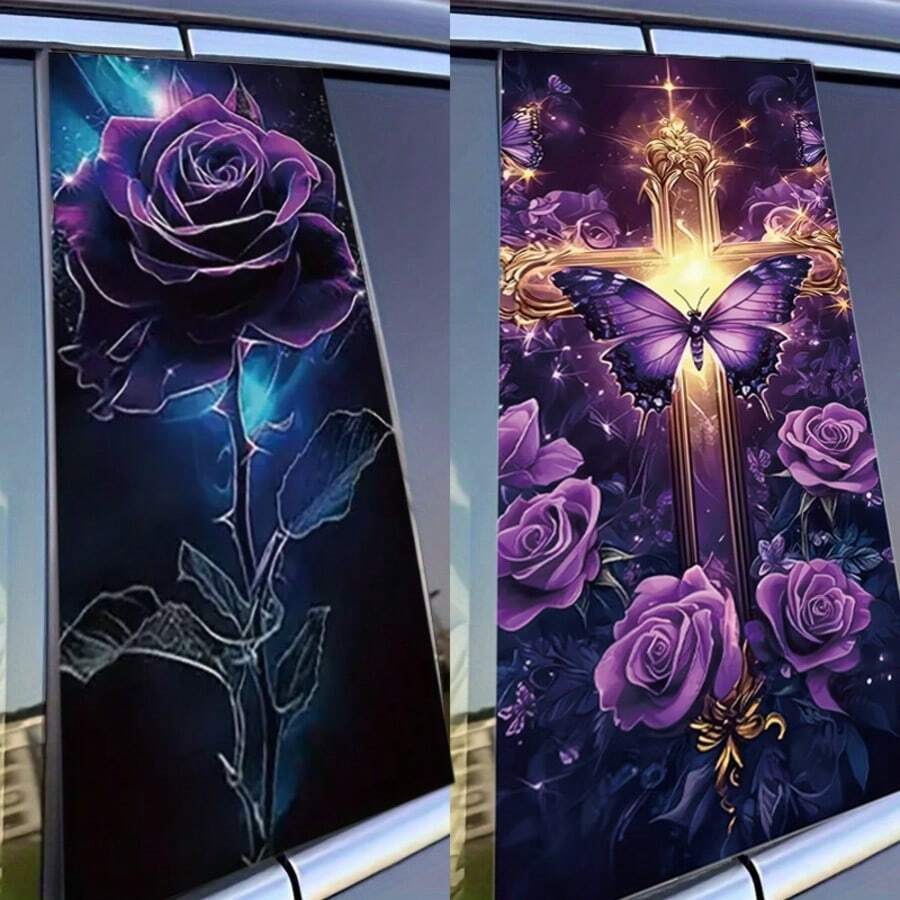 2张星空与紫色玫瑰图案的乙烯基汽车贴纸，以及创意B柱保护膜，优雅的紫色玫瑰和蝴蝶汽车贴纸，适用于汽车、墙壁、窗户玻璃等。 - 一對 - 查看 1