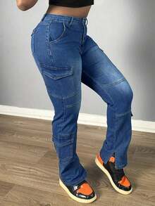 Women's Jeans Casual Black Skinny Stretch Flared Pants Workwear Teacher Pants Flare Sweatpants Winter Clothes Fall Back To School Women Jeans  Back To School Clothes - 藍色 - 查看 6