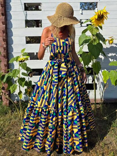 African Fashion Gown Kente Print Batik Women's Spaghetti Strap Maxi Evening Dress Vacation