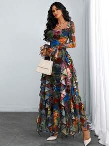 Women's Elegant Sexy Modern Luxurious Long Sleeve Y2K Romantic Ruffle Double Layer Printed Dress - Multicolor - View 5