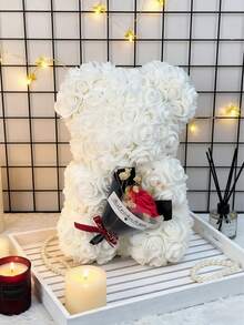 1 pieza Oso de peluche con rosa artificial blanca - Oso de rosa esponjoso y duradero con flores rojas acentuadas, elegante decoración de mesa para el hogar, decoración de sala de estar/dormitorio de moda, regalo versátil para el Día de San Valentín, Día de la Madre, Día del Padre, Navidad y ocasiones especiales - Multicolor - Ver 2
