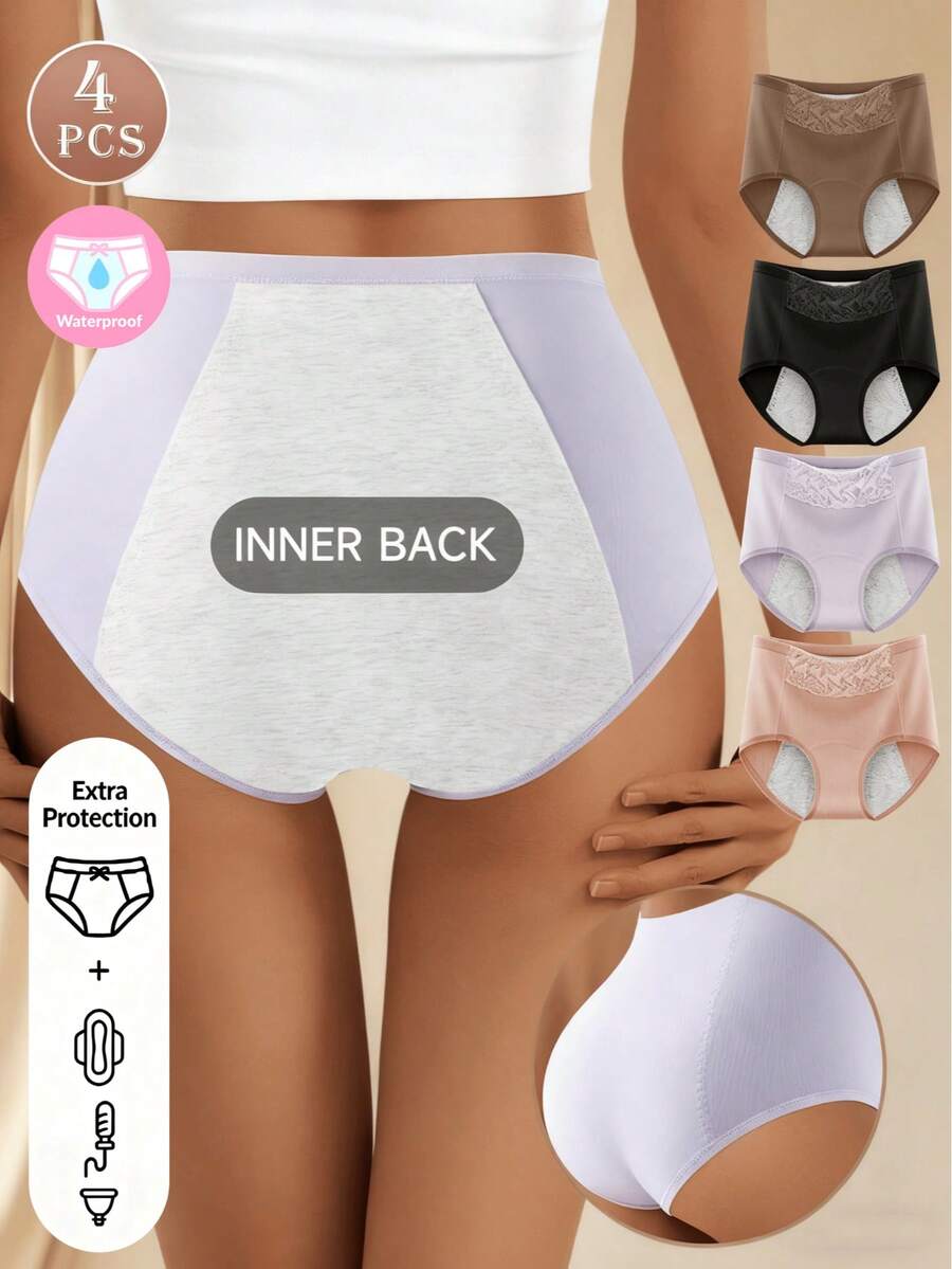 XGDFAY 4pcs Women's Mid-Waist Period Panties, Leak-Proof Extended Back Design, Lace Patchwork Bodycon Triangle Briefs, Soft And Comfortable, Multi-Color Assortment, Suitable For Menstrual And Daily Wear - Multicolor - View 1