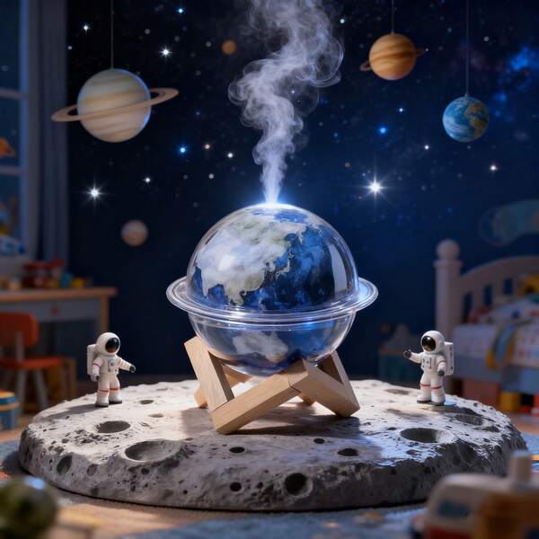 Humidificador USB Creativo de Planeta con Luces LED Coloridas - 2 en 1 Difusor de Aromaterapia de 330ml, Decoración Silenciosa para Escritorio en Dormitorio o Sala de Estar, Base de Madera, Alimentado por USB (Batería No Incluida), Efecto Nebulosa | Base Estable de Madera