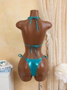 Women's Solid Color Shiny Fabric Pants With Side Tie, Triangle Halter Bikini Set, Summer - Blue - View 5