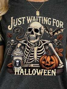 女士夏季休闲圆领短袖图案T恤，万圣节主题