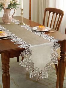 100% Polyester Fabric Patchwork Dual-Color Water-Soluble Lace Decorative Table Runner/Runner, Suitable For Kitchen, Dining Table, Desk, Coffee Table, Vanity, Home Decor, Living Room, Bedroom, Yard, Indoor/Outdoor, Camping, Villa, Holiday, Party, Cabinet, Family Gathering, Festival Decoration, Party/Wedding Decorations, 1pc - Coffee Brown - View 9