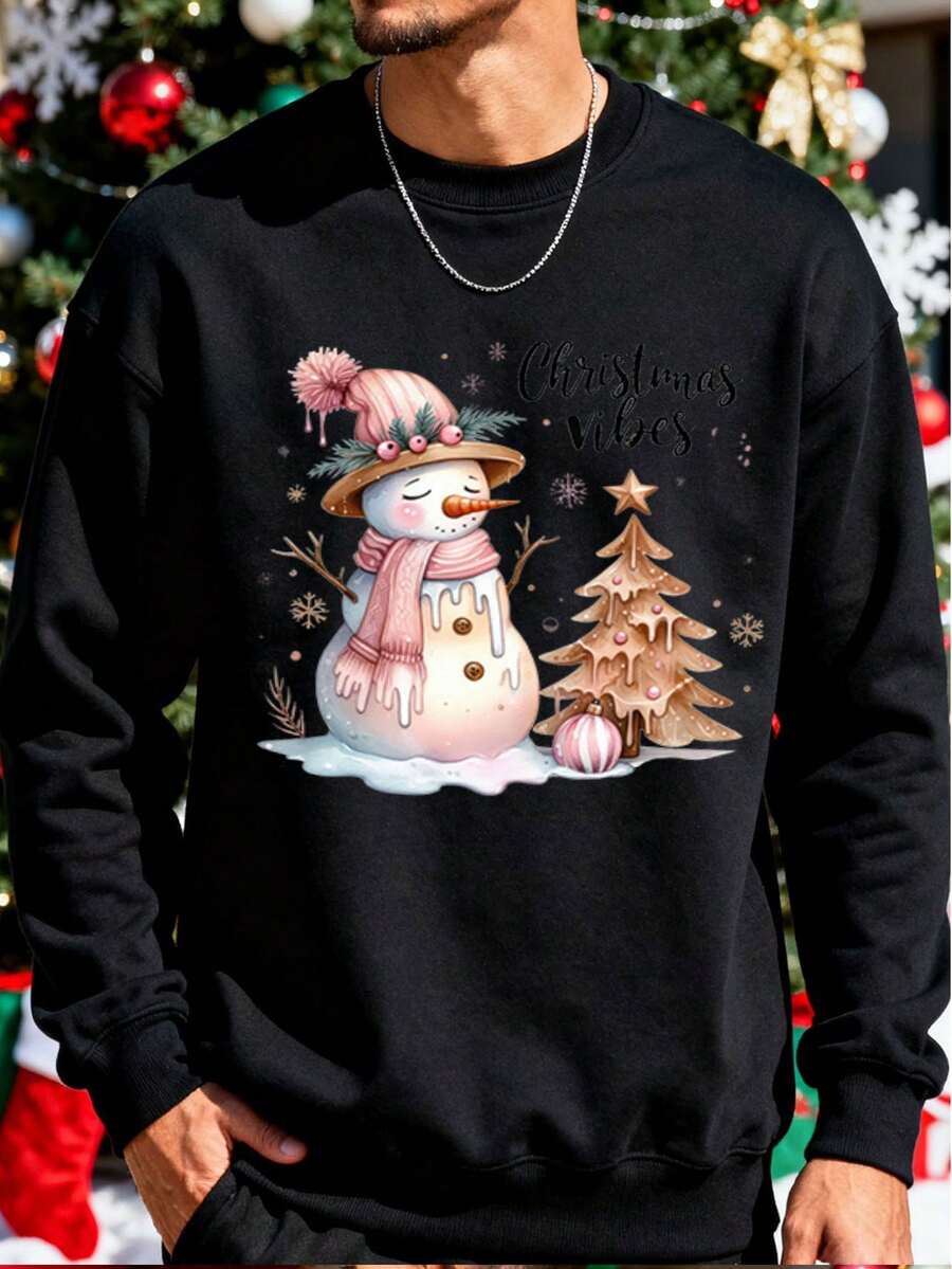 Sudadera para hombre con estampado de muñeco de nieve y árbol de Navidad, ideal para fiestas navideñas y reuniones familiares, suave y cómoda, regalo perfecto para amantes de la temporada navideña - Negro - Ver 1
