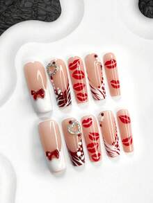 10pcs Valentine's Day Nail Art Set, Includes Lip Shaped Nail Stickers, French Manicure Stickers, Hand-Painted Wave Nail Stickers, Shiny Hearts, Bow Nail Decorations, White Nail Polish, Red Gel Nail Polish, 3 Sizes Available: Almond, Duck Mouth, Coffin Shape, Comes With Nail Tools, Suitable For Parties, Valentine's Day, Casual Wear, Great Gift Nails - 彩色 - 查看 5