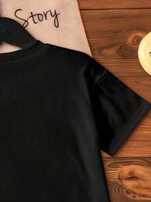 Young Girl Heart & Bow Graphic Print Round Neck Short Sleeve Casual Versatile T-Shirt - Black - View 6