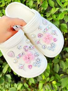 24pcs Silver & Pink Bow, Heart, Flower ABS Decorative Accessories, Suitable For Women Sandals, Slippers, Beach Bags Charms, Great For Holidays, Birthday Party Gifts - Silver Pink - View 5