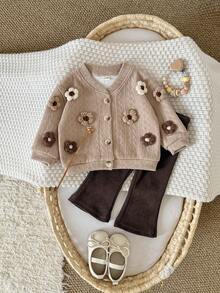 2pcs/Set Toddler Baby Girl Casual Knitted Crochet Floral Long Sleeve Jacket And Flare Pants Set, Autumn/Winter - Maroon - View 2