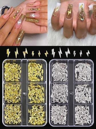 1 caja de 6 rejillas de remaches de uñas con estrellas doradas y plateadas brillantes - Suministros de uñas con encantos de metal de aleación en forma de mariposa, flor y luna 3D, gemas y encantos para uñas