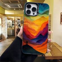 Cubierta de teléfono con diseño de paisaje abstracto multicolor para iPhone 14 Pro Max estilo moderno con impresión de montañas y siluetas de personas en tonos cálidos ideal para uso diario en cafeterías y salidas urbanas - Negro - Ver 4
