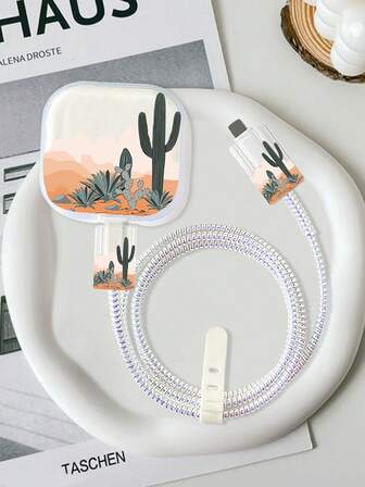 Set de 5 fundas protectoras para cargadores de Reino Unido de 18/20W, protectores de cable, con patrones de onda/cactus/gato de dibujos animados/cielo rosa