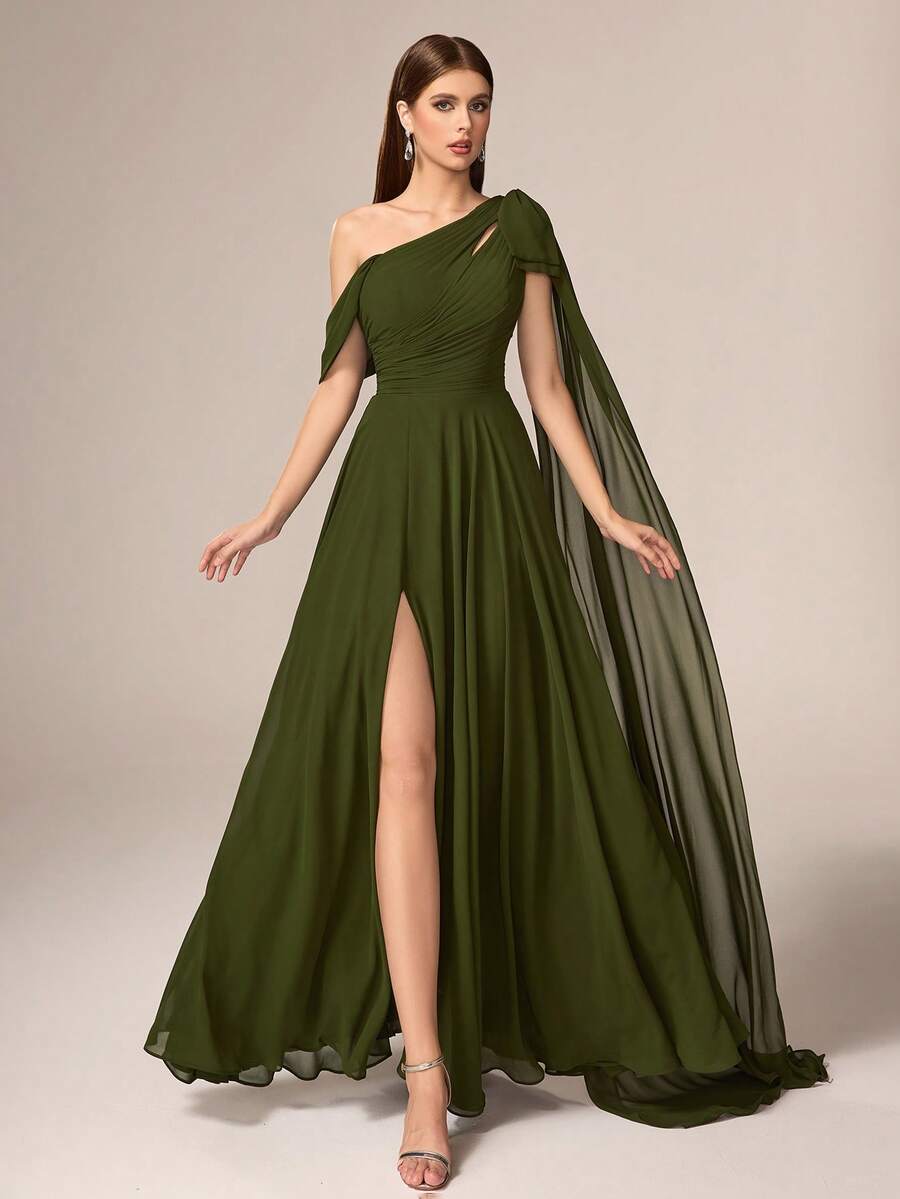 VIPGIRL Elegant Luxury Women's Chiffon Long Formal Dress, Asymmetric Neckline And Pleated Hem Design - Army Green - View 1