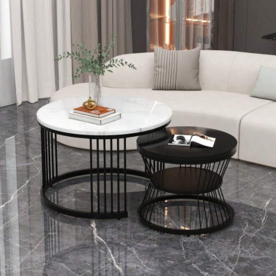 Modern Nesting Coffee Table, Set Of 2 Coffee Tables, Glossy Marble Effect Top, Side Table For Sofa, Black Frame. - Black - View 1