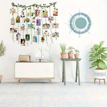 波西米亚风藤蔓照片展示墙装饰，悬挂式波西米亚风格照片墙装饰，配有麻绳、25个彩色夹子和5个蝴蝶装饰品，非常适合家居装饰、毕业照展示、DIY墙面艺术、派对用品。 - A - 查看 4