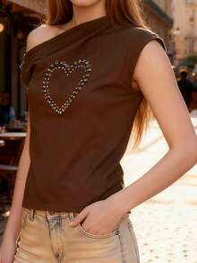 Blusa De Manga Corta Con Diseño Off-shoulder Y Detalle De Corazón Decorado Con Piedras Brillantes, Corte Ajustado  Estilo Casual Elegante Para Mujer  Prendas De Tejido Suave Y Decorativo  Blusas Versátiles Para Salidas  Moda Urbana Refinada - Marrón - Ver 5