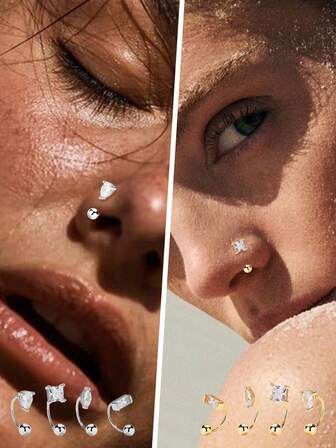 1 pieza Pendiente de nariz de plata de ley 925, con forma de lágrima cuadrada simple y de moda, con forma de ojo de caballo en C, joyería para la nariz adecuada para uso diario, pequeño aro de nariz