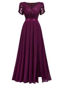 MIUSOL V-Neck Contrast Lace Puff Sleeves Ruched Split Hem Chiffon Formal Dress - Màu Tím - Xem 7