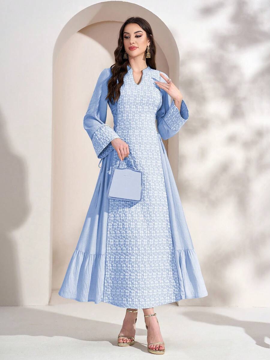 Váy Ả Rập cổ khoét tay dài thanh lịch, ren và viền bèo nhún bằng vải dệt, hoàn hảo cho phong cách khiêm tốn - Màu xanh da trời - Xem 1