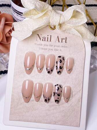 10 piezas de pegatinas de uñas con puntas francesas con estampado de leopardo negro hechas a mano con bordes de purpurina dorada, adecuadas para mujeres y niñas, minimalistas y de moda, aplicables para cualquier ocasión, fáciles de aplicar y quitar