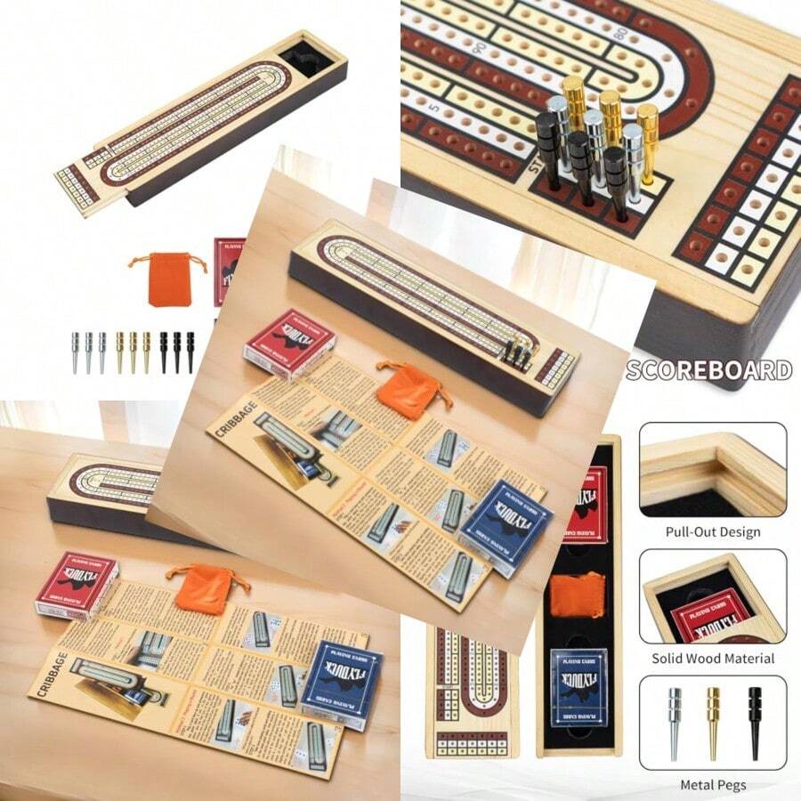 Wooden Cribbage Board Game Set - Traditional 3 Track Solid Wood Board - 黑色 - 查看 1