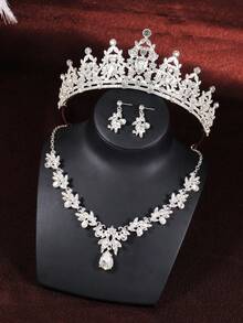 4件套青少年首饰套装，公主项链套装，皇冠项链套装，水晶级派对头饰，豪华皇冠项链礼盒，适合婚礼、节日、晚会等场合 - 銀色 - 查看 6