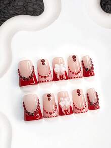 10pcs/Set Minimalist Valentine's Day Nail Art Kit, Including Shiny Red Rhinestone Nail Stickers, Hand-Painted French Fake Nails, Shiny Heart Nail Stickers, Flowing Bow Nail Decorations, Pink Nail Polish, Red Gel Nail Polish, 3 Sizes Available: Almond, Duck Mouth, Coffin Shape, Comes With Nail Tools, Suitable For Parties, Valentine's Day, Casual Wear, Great Gift - Nhiều màu - Xem 2