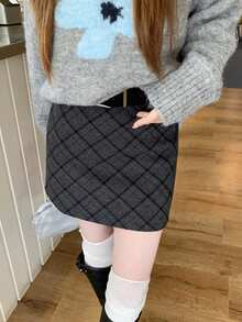 新款韩版格子加厚羊毛面料修身半身裙配腰带（随机格子图案） - 黑灰色 - 查看 4