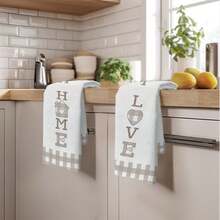 MEMNUN 2条装灰褐色格子“LOVE HOME”印花厨房毛巾，尺寸15.75*23.62英寸（40*60厘米），超柔软吸水超细纤维材质，可作餐巾、手巾、洗碗布、家居装饰、厨房装饰、烹饪烘焙清洁巾、厨房配件，可机洗，适用于餐厅、厨房、日常装饰和礼品，四季皆宜。