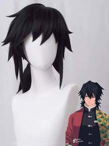 12inch Black Mid-Length Anime Wig, Synthetic High Temperature Fiber Wig For Cosplay, Daily Wear, Masquerade, Holiday Party, Men