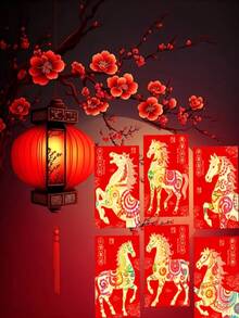 6/18/36个装中国新年幸运马红包 - 6款独特设计，烫金工艺，节日纸袋，适合庆祝活动，是馈赠佳品和节日场合的理想之选，节日礼品袋 | 装饰信封 | 纸质信封 - 紅色 - 查看 4