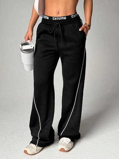 Women's Fleece Wide-Leg Sweatpants, Letter Waistband With Contrast Color Stripes, Autumn And Winter Warmth, American Retro Street Style Sweatpants