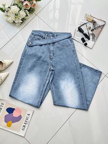 Women's Y2K Washed Asymmetric Belt Decor Casual Jeans With Side Pockets