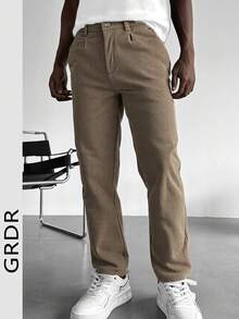 男士纯色侧袋灯芯绒直筒休闲裤，新款卡其色男士休闲裤。男士服装，男士裤子，男士休闲装。 - 卡其色 - 查看 1