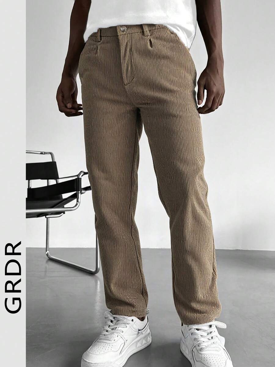 男士纯色侧袋灯芯绒直筒休闲裤，新款卡其色男士休闲裤。男士服装，男士裤子，男士休闲装。 - 卡其色 - 查看 1