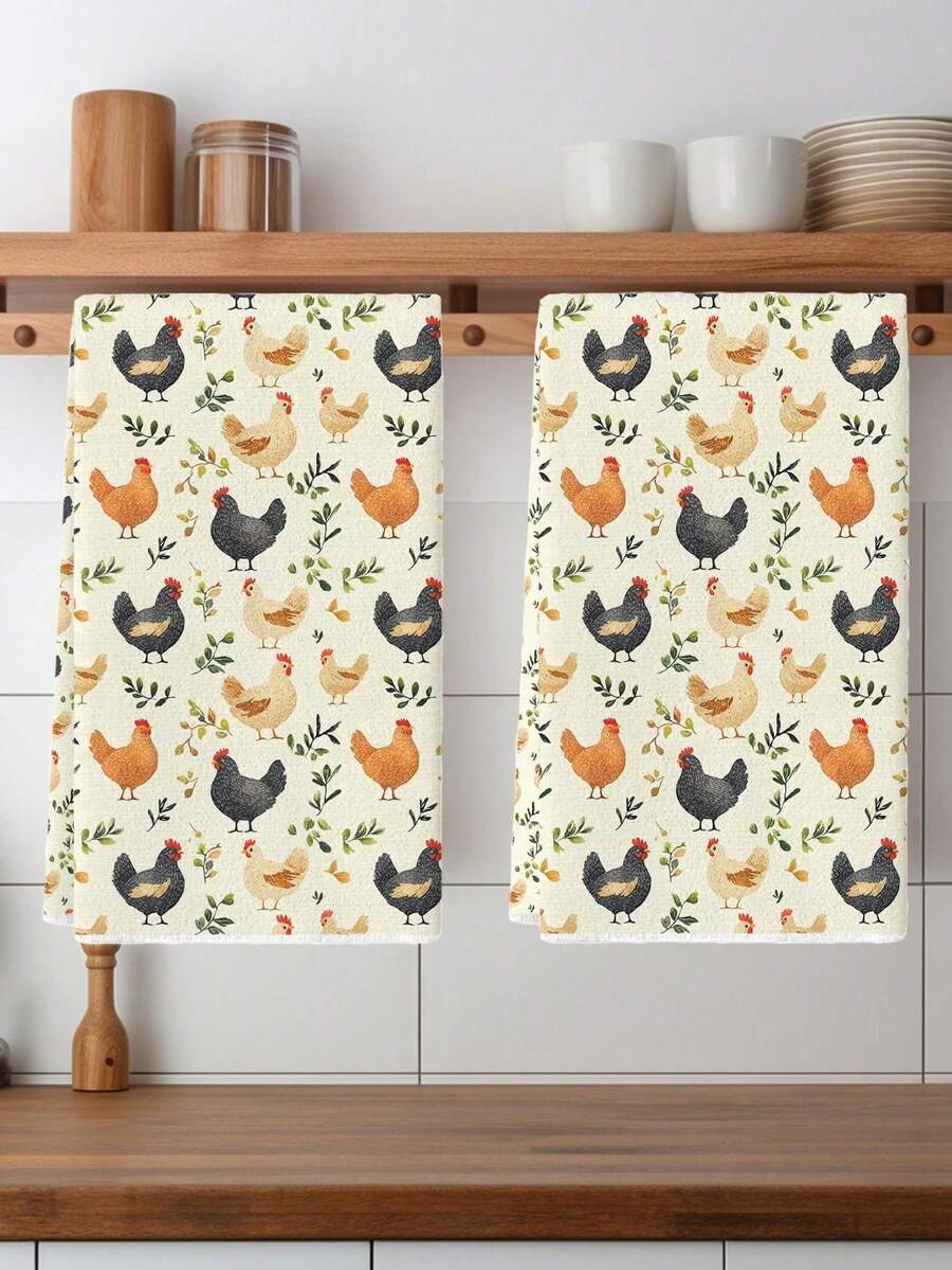 2pcs Vintage Chicken Kitchen Towels - Chicken Lady Themed Farmhouse Dish Towels Soft Absorbent Decorative Hand Tea Towels For Kitchen Bathroom Decor Perfect Chicken Mom Gift Birthday Christmas Housewarming Presents For Chicken Lovers Family Friends Who Adore Farm Aesthetics - Beige - View 1