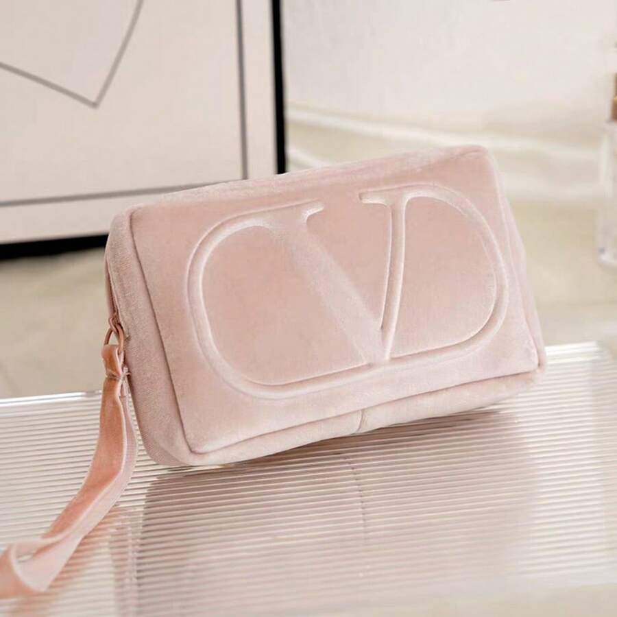 Valentino Pink Velvet Makeup Pouch, Detachable Strap Wristlet Bag With Signature Stud Emblem And Metal Zip Pull - Pink - View 1