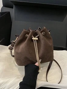 1个哑光皮革抽绳水桶包，配珍珠链条肩带，时尚麂皮斜挎单肩包，女士 - 咖啡棕 - 查看 10